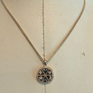 Gold-Tone Round Pendant Necklace with Blue Enamel and Clear Crystals